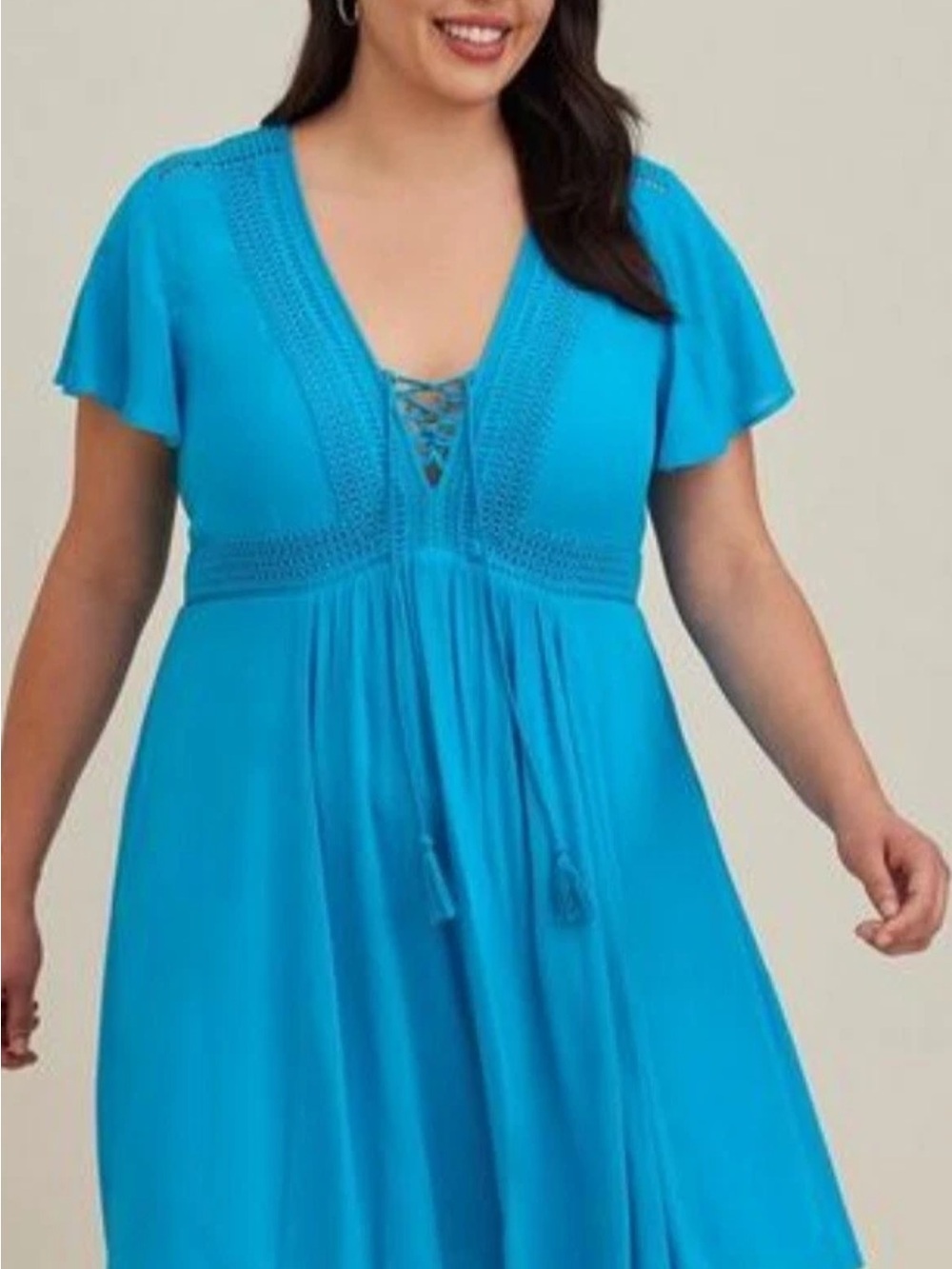 Torrid women’s Teal-Blue Crochet-Trim Midi Dress flowy cottage core